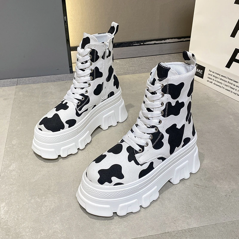 

Women High Platform Sneakers Laces Side Zipper Canvas Shoes Breathable Leopard Wedge Boots High Heels 9 cm Femmes Chaussures