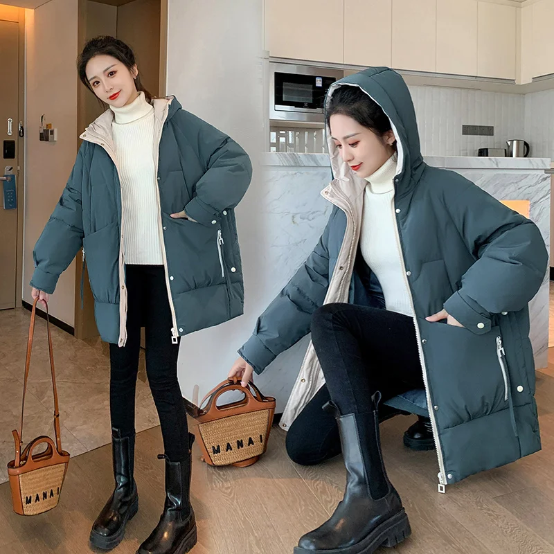 Korean Fashion Loose Hooded Parkas Women Fashion Winter Solid Thick Midi Coats Ladies Pocket Elegant Cotton Casual Jacket Female