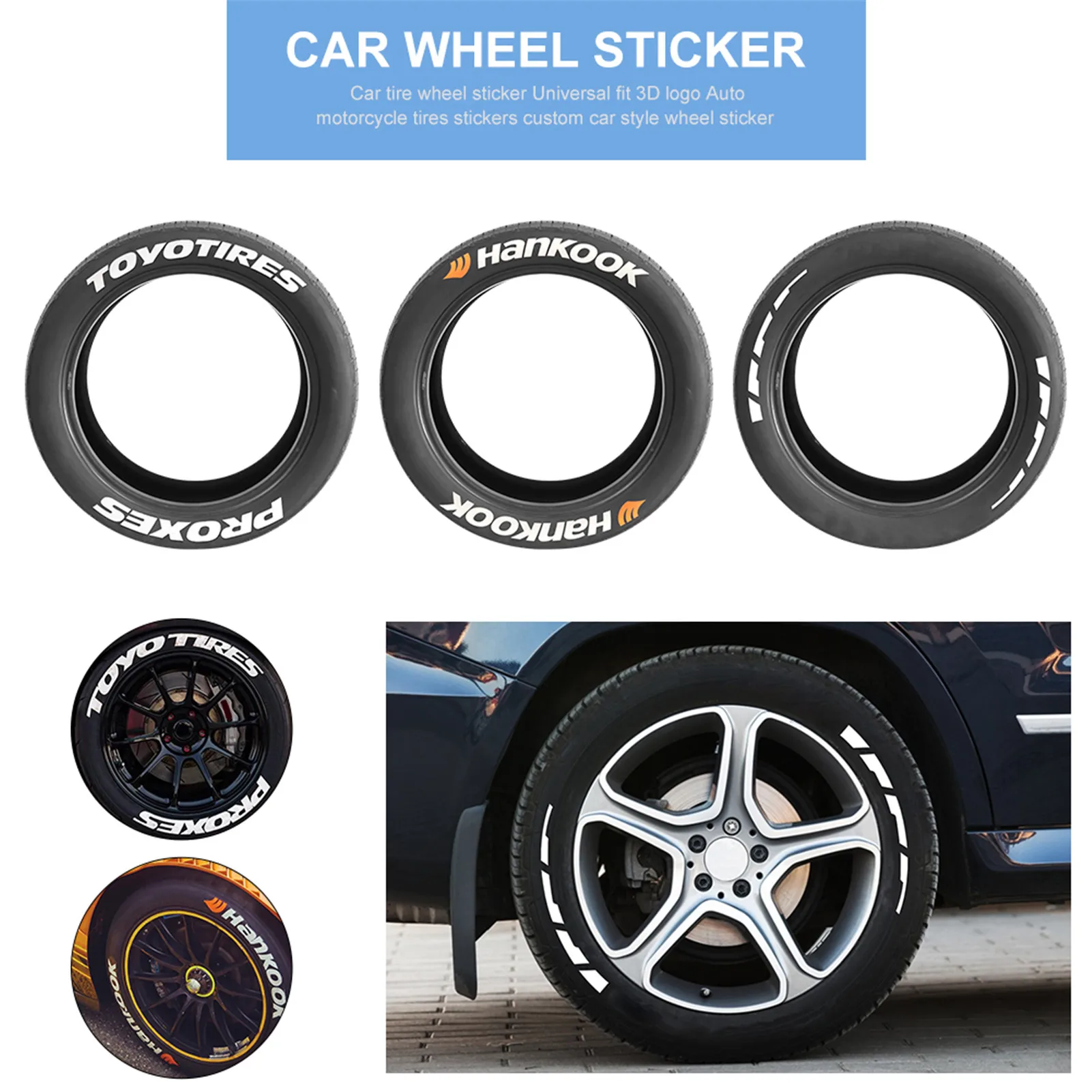 

8pcs Car Tire Sticker Car Surface Decoration English Letter Personalized Sticker Pvc Material With Black Conjoined