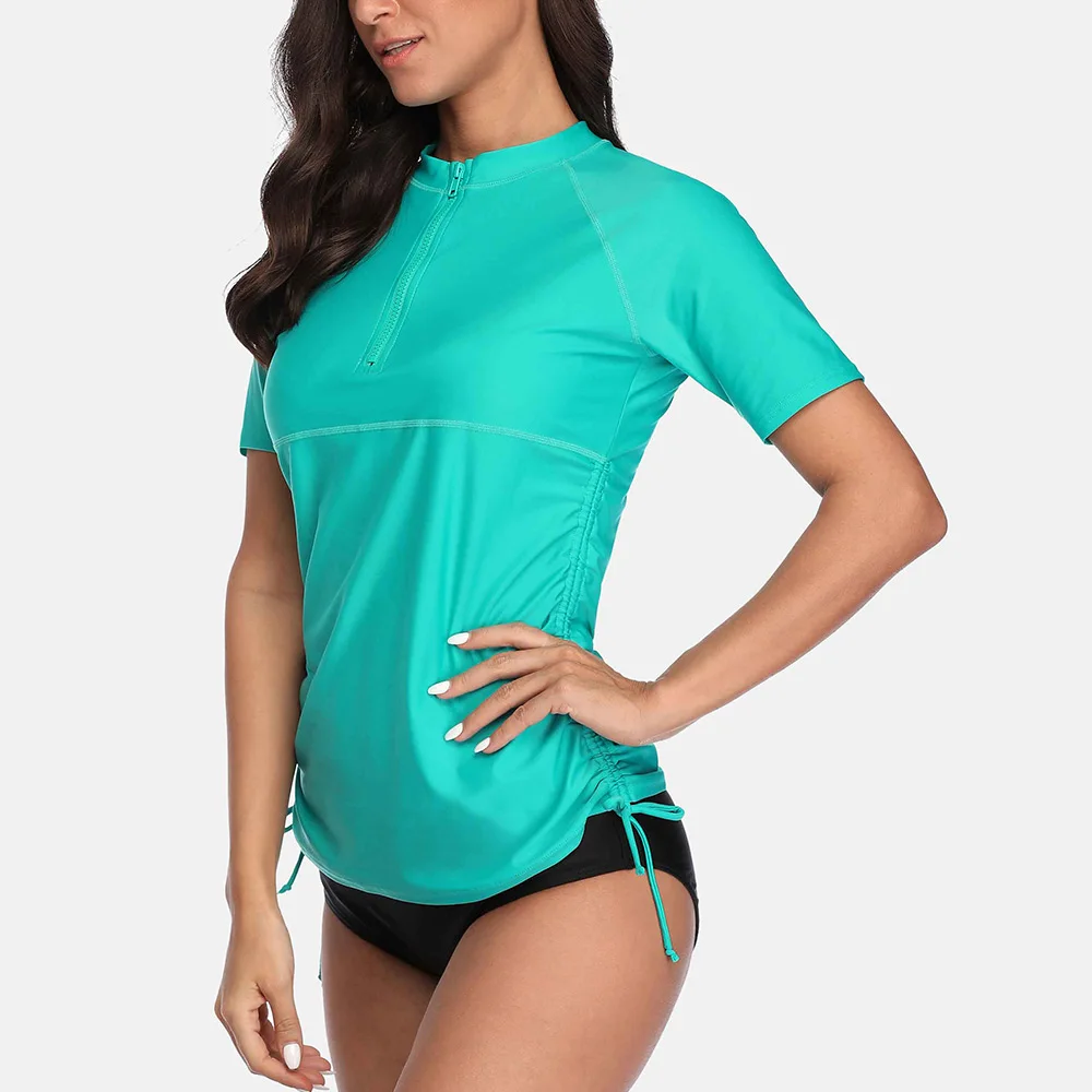 Charmleaks Women Short Sleeve Rash Guard Shirts Zip Front Swimwear Rashguard Top Side Bandaged Surf Top Diving Shirt UPF 50+