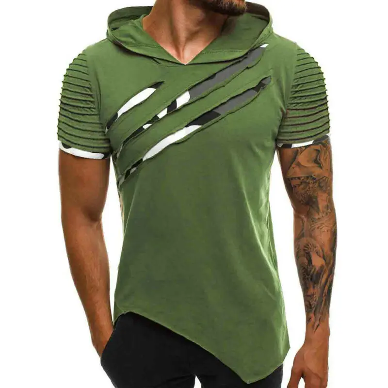 Мужские облегающие футболки с коротким рукавом капюшоном топы Повседневная