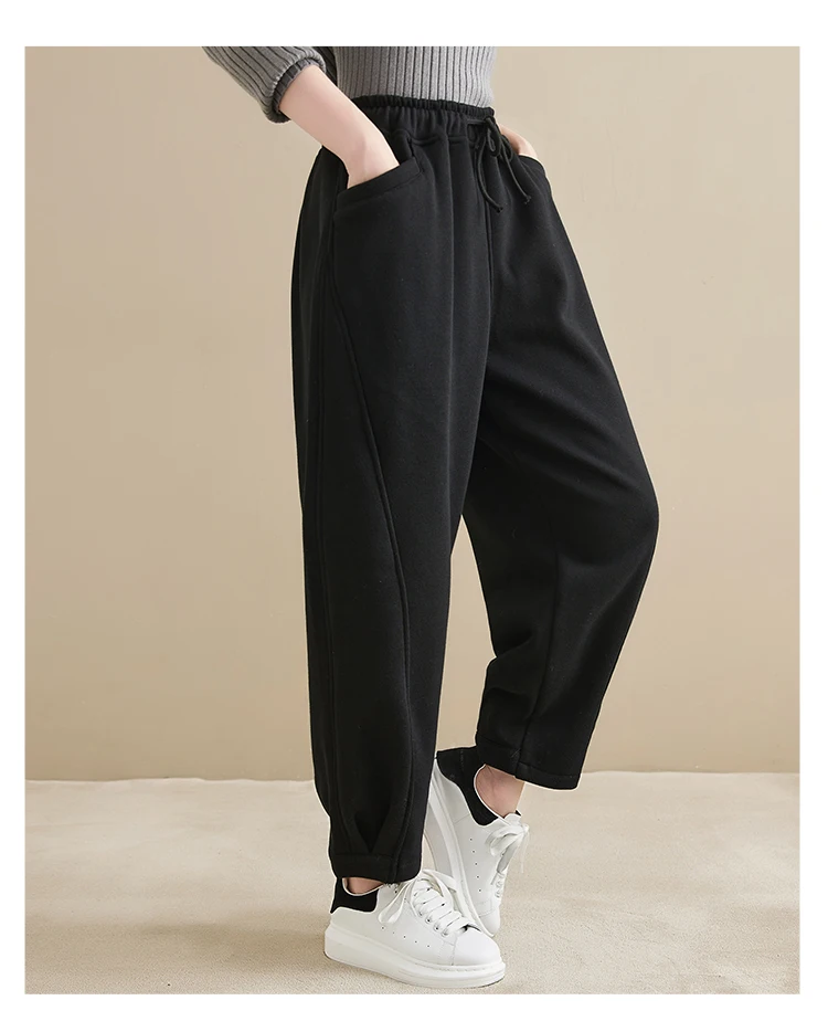 Winter New Trendy Warm Fleece Thick Oversize Loose Casual Trouser Women Solid Color Elastic Waist Versatile Premium Sweatpants