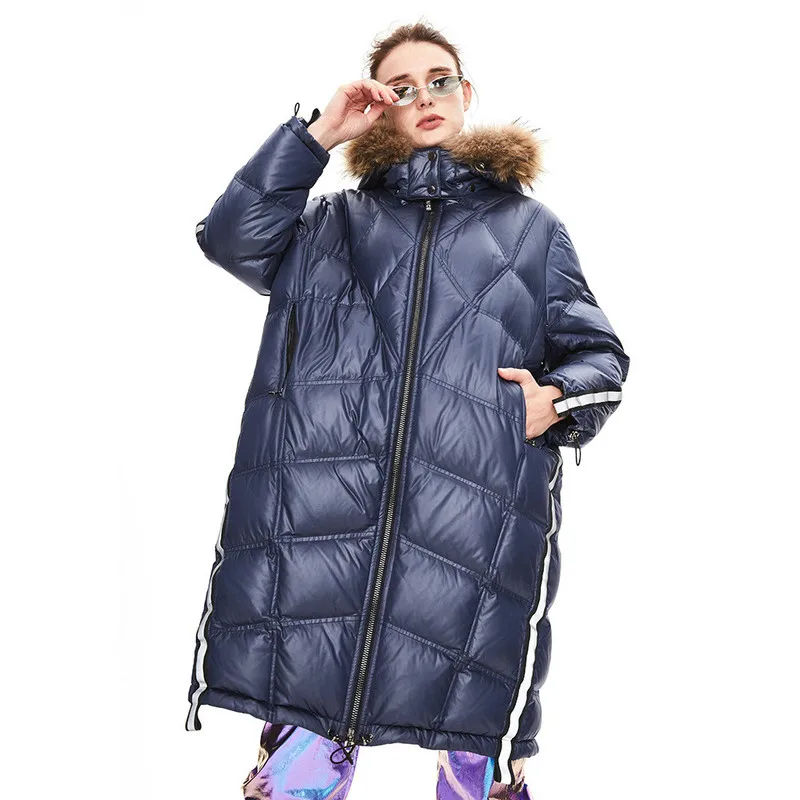 

Long Down Jacket Winter Women's New Fashion Jacket Reflective Stripe Hooded Fur Collar Over Knee Silhouette Coat Street Fashion