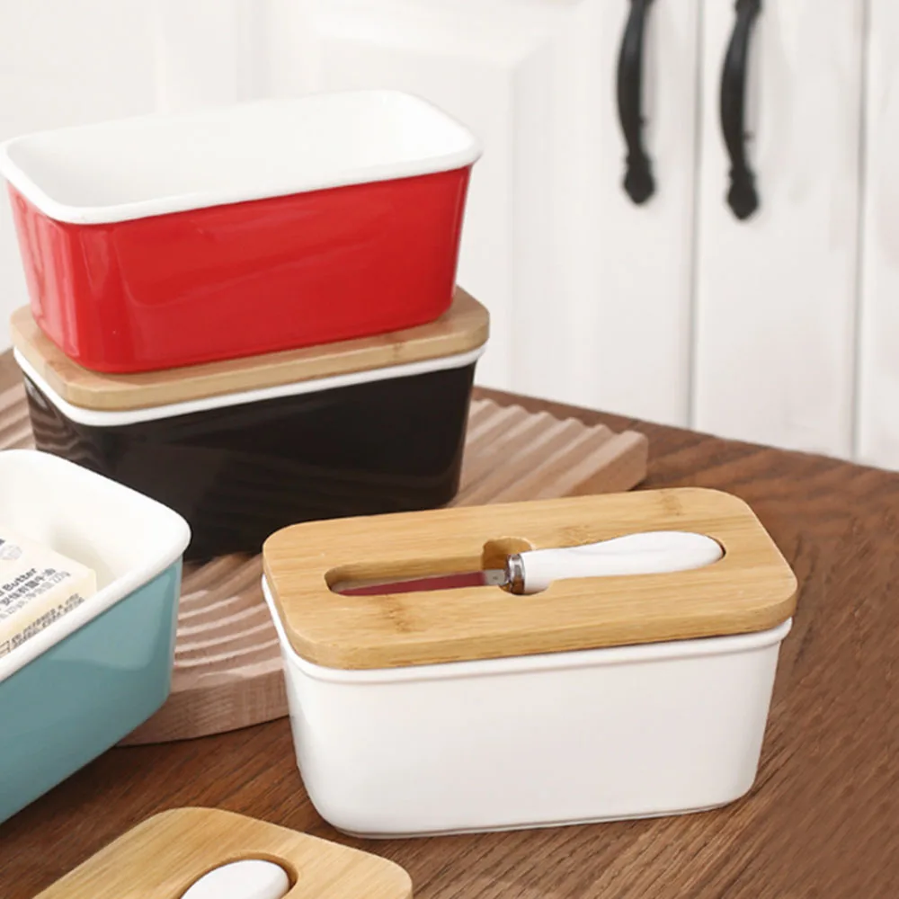 

1 Set Butter Sealing Box Ceramic Butter Plate with Wood Lid and Knife Cheese Storage Tray Butter Dish Container Box Organizer