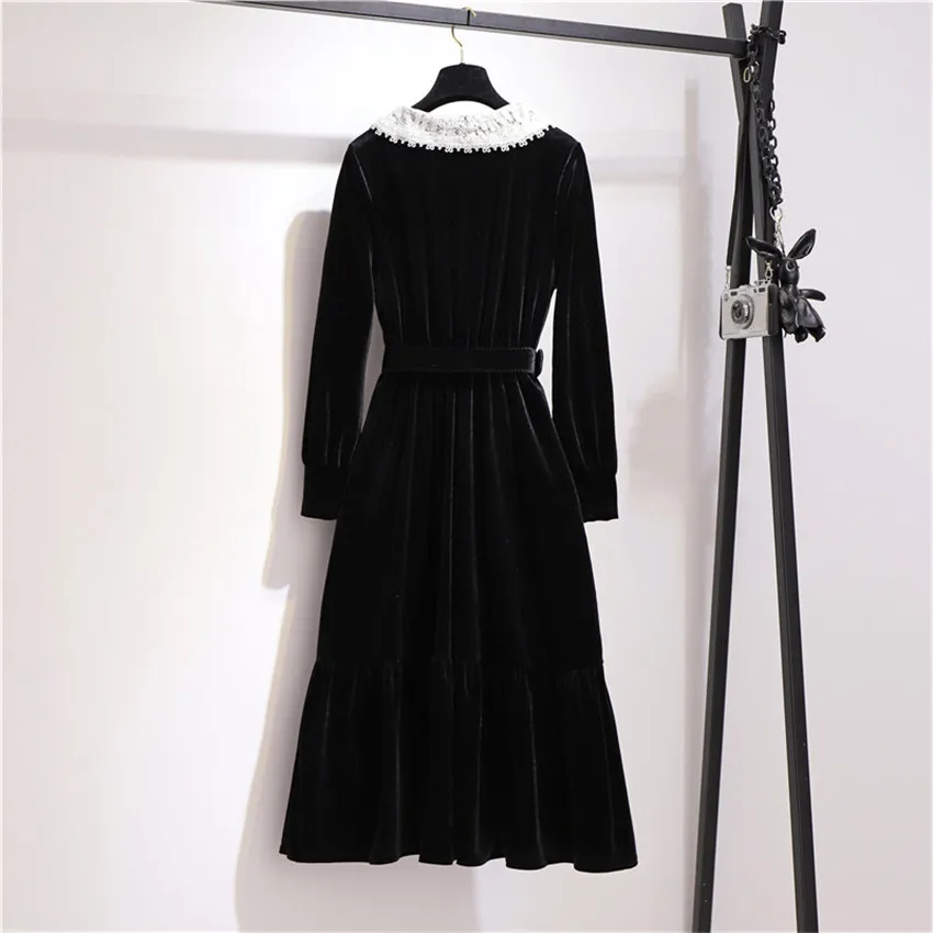 Женское бархатное платье с длинным рукавом винтажное средней длины поясом