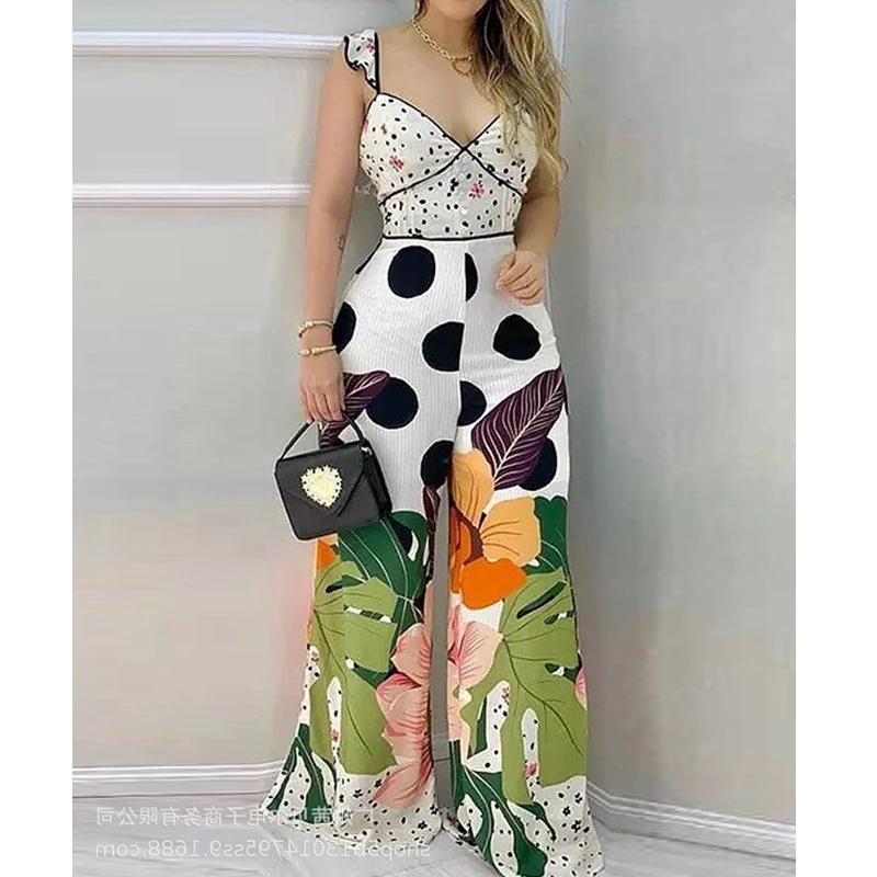 

Mandylandy Wide Leg Pants Jumpsuits High Waist Slim Summer Printed Jumpsuit Fashion Women Sleeveless V-neck Low Cut Jumpsuits