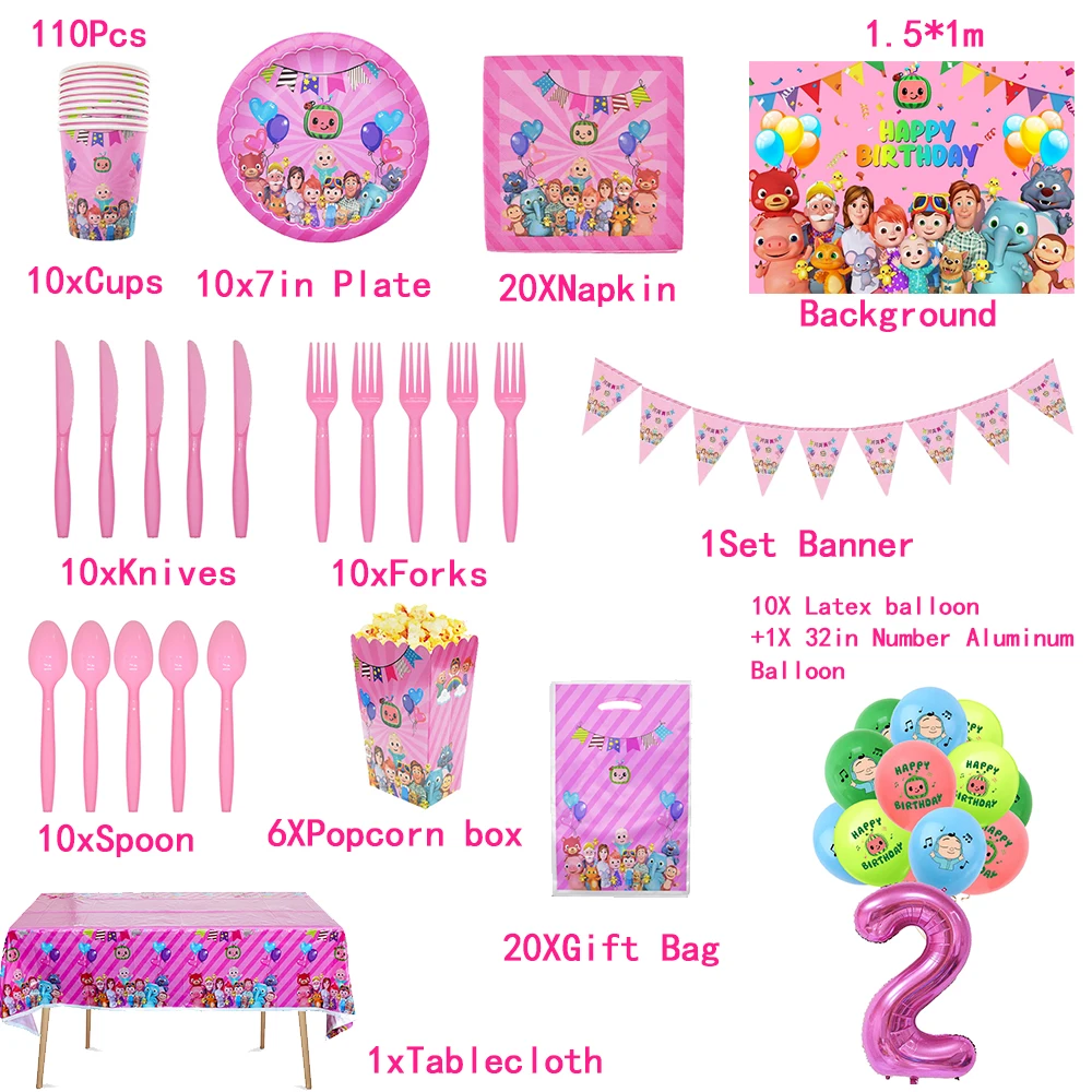 Cocomelon familiar rosa para fiesta de cumplea&ntilde;os de ni&ntilde;as, juego de vajilla desechable, globo, Baby Shower, decoraci&oacute;n de fondo-2