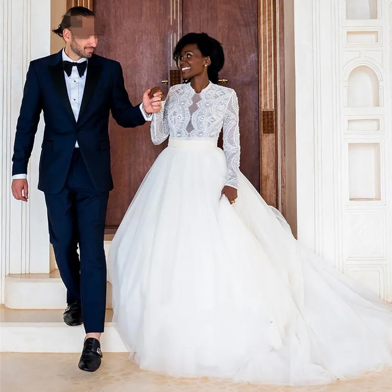 E JUE SHUNG African Wedding Dress A Line High Neck Long Sleeves Lace Gowns robe de marie | Свадьбы и торжества