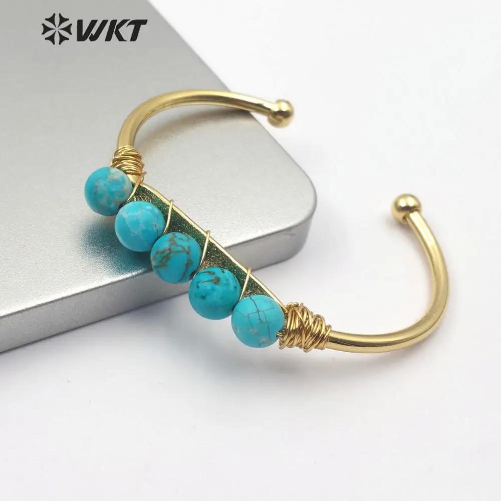 

WT-B488 Natural Stone Bangle White/Blue Tur quoise Stone With Wire Wrapped Bracelet Natural Stone Fashion Woman Jewelry