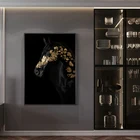 Настенный плакат на холсте с изображением черной лошади, золотые современные благородные животные, художественная живопись для гостиной, настенные картины для украшения дома
