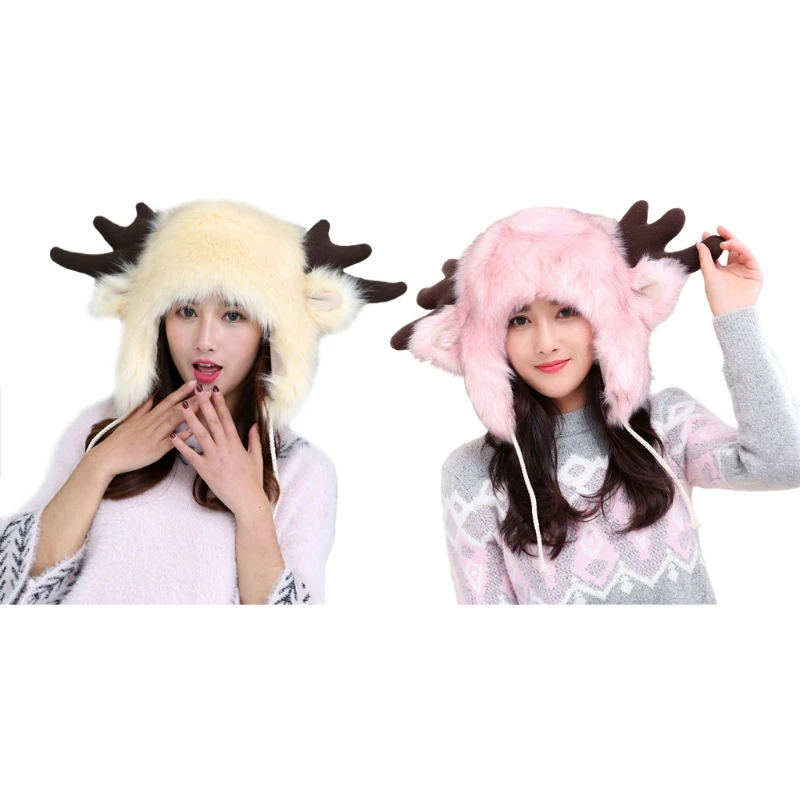 

Winter Cosplay Furry Warm Trapper Hat Deer Antlers Fluffy Animal Earflap Cap