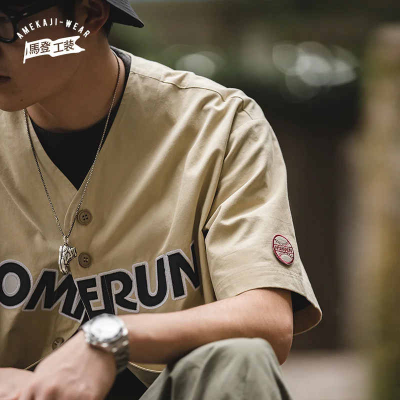 

Oversize College Stacked Shirts Mens Baseball Uniform Cardigan Cooton Loose Embroidery Letter Street Short-sleeved Shirt