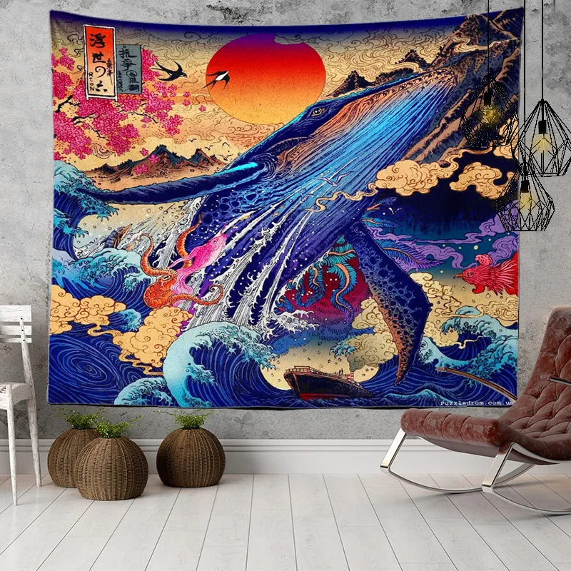 Japanese blanket big tapestry wave whale arowana wall hanging fabric bohemian bed boho home decor sea sun sunlight | Дом и сад