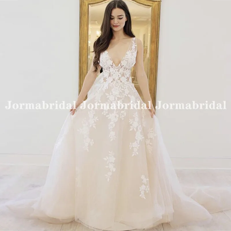 

Transparent Princess Wedding Dresses V-Neck Light Champagne Tulle Bride Dress Romantic Appliques Wedding Gowns Vestido Novia