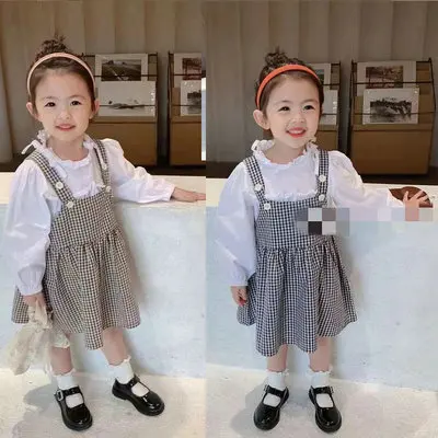 

Girls' Suit Children's Long-sleeved Bottoming Shirt and Plaid Strap Skirt Two-piece 2021 Spring New Children's Fashion Sets 2-7Y