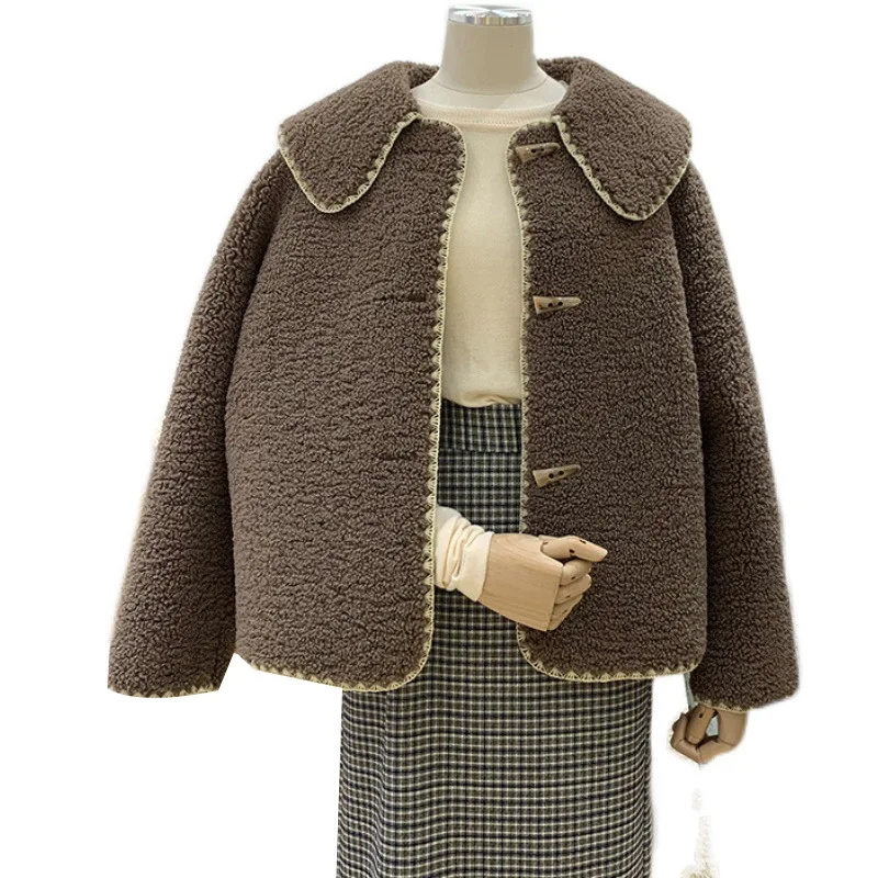 

Horn buckle doll collar lamb wool coat women 2020 winter new retro Hong Kong style loose fur coat