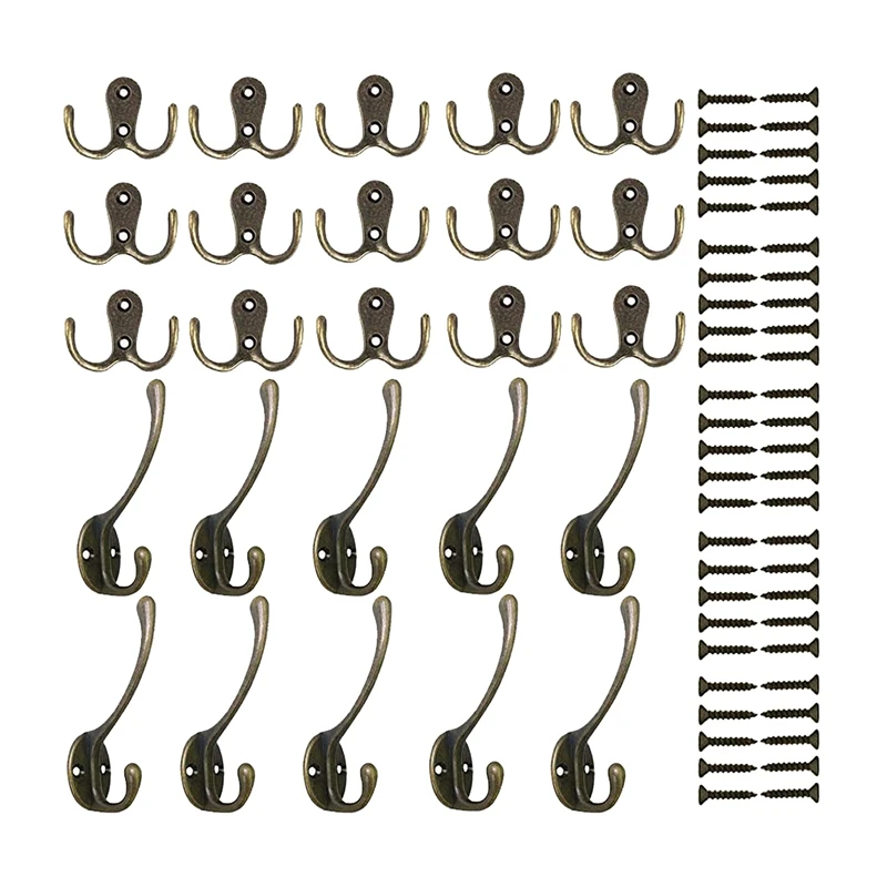 

JEYL 15 Pieces Double Prong Robe Hook and 10 Pieces Heavy Duty Dual Coat Hooks,with Screws,Wall Mounted