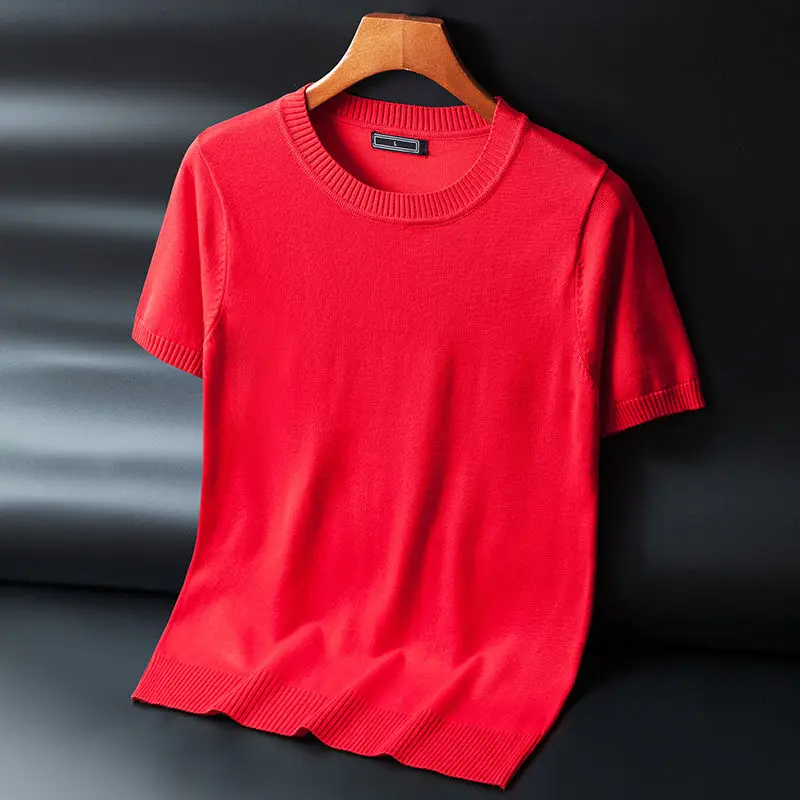 

2021 New Summer Men T-shirt Knitted Short Sleeves Top Sweater Male Solid Color O-neck Pullover T Shirt