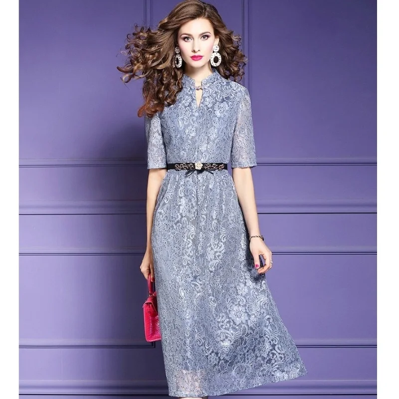 

new runway summer 2021 dress long Women short Sleeve Lace ladies party dresses Plus Size Empire sexy Vintage club Dress spring