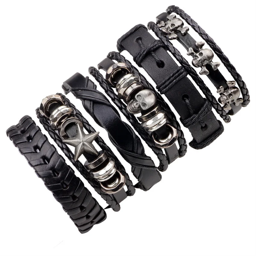 

6Pcs/ Set Braided Wrap Leather Bracelets for Men Real cowhide bracelet, skull set, men's braided bracelet jewelry 2022