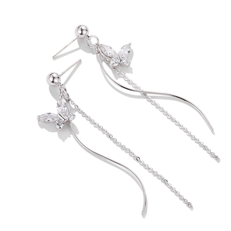 

Висячие серьги с бабочкой и кристаллами для свадьбы, помолвки, серебро 925 пробы, длинные модные серьги, ювелирные изделия, подарок для женщин
