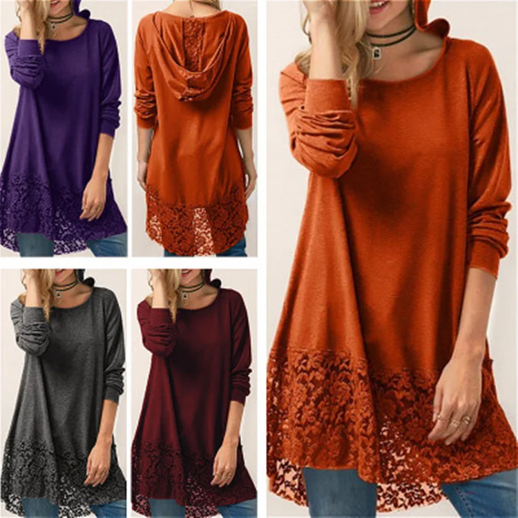 

Solid long sleeve T-shirt Autumn New Lace Panel Hoodie