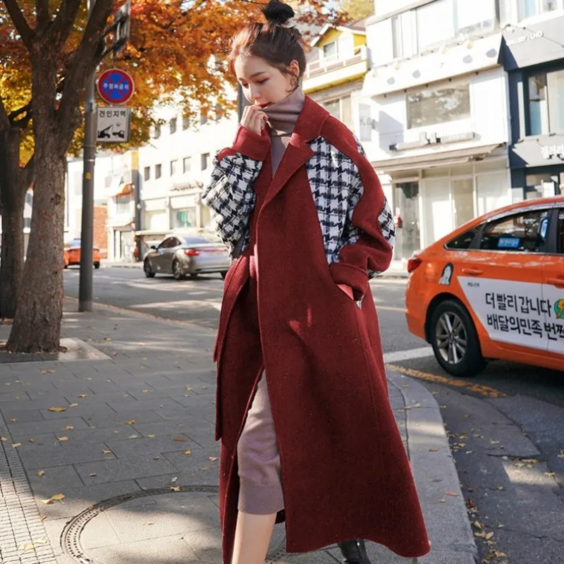 

Women Medium-long Red Overcoat Winter Thick Loose Plaid Spliced Wool Blend Coat Lapel Elegant Office Lady Sashes Outerwear Style
