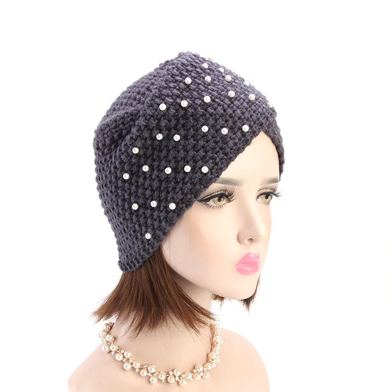 2020 New Knit Turban Cross Women Hat Winter Warm Twist Hair Wrap Solid Casual Skullies Beanies Pearls Beads Headwear | Аксессуары для