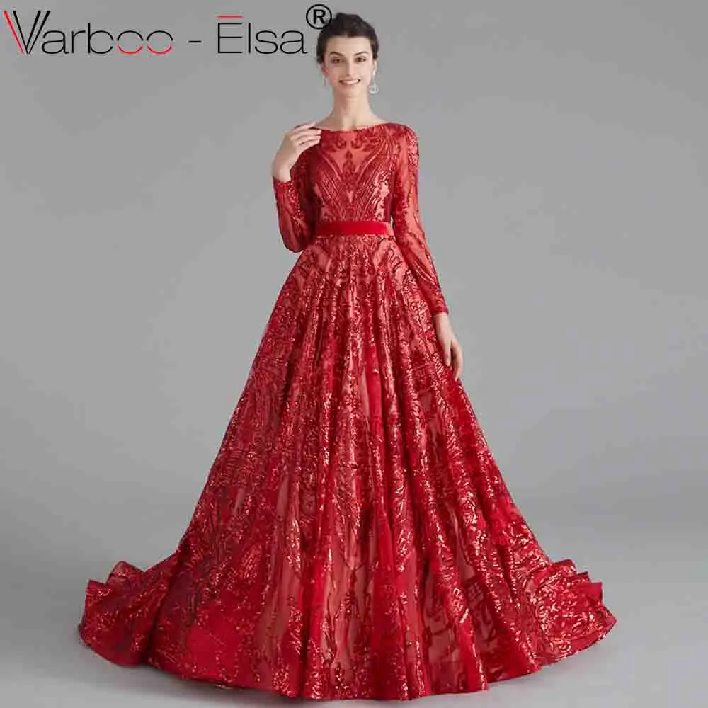 VARBOO_ELSA green Robe De Soiree Длинные вечерние платья с длинными рукавами и поясом, торжественное платье с блестками, женские вечерние платья - Цвет: as pic