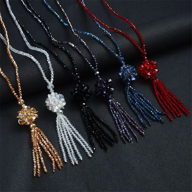 Богемный ручной работы кристалл кисточкой рисовые бусы цветок длинный кулон