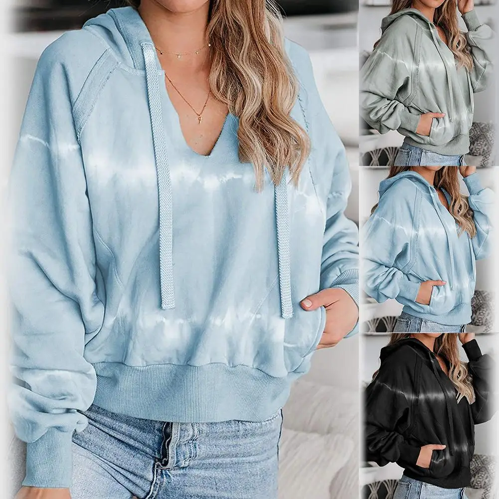 

Women Casual Long Sleeve Tie Dye V Neck Drawstring Hooded Pullover Top Blouse