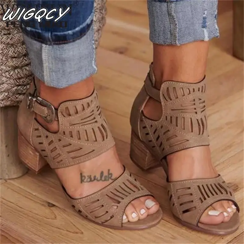 

2020 Women Sandals Women Vintage Hollow Out Peep Toe Square Heel Wedges Sandals High Heels Shoes Zapatos Mujer