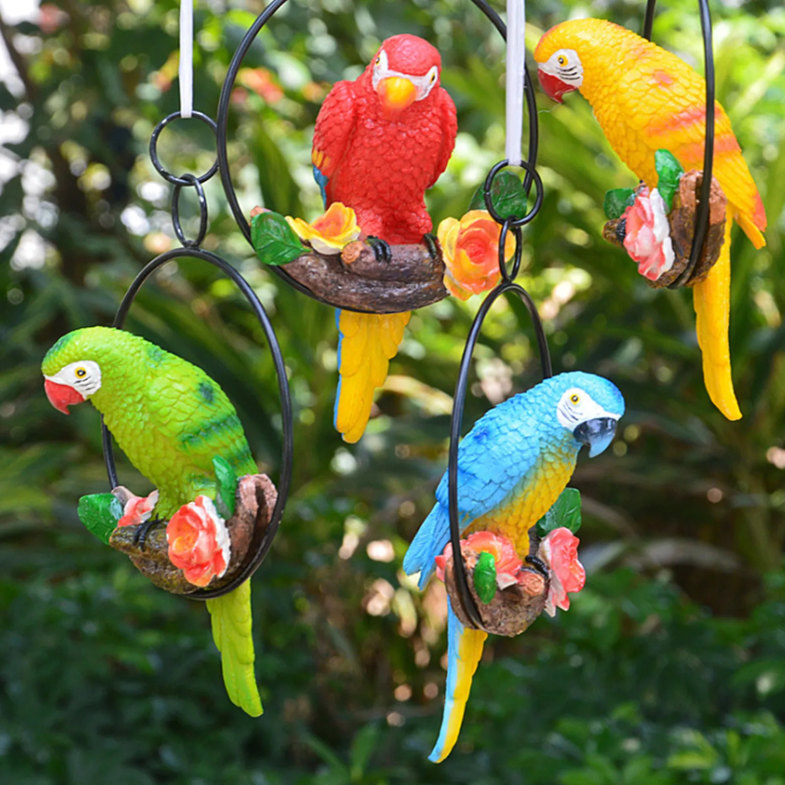 

Hanging Parrot Statue Perch On Metal Ring Birds Model Lawn Ornament Innovative Iron Ring Parrot Home Desktop Garden Decoration