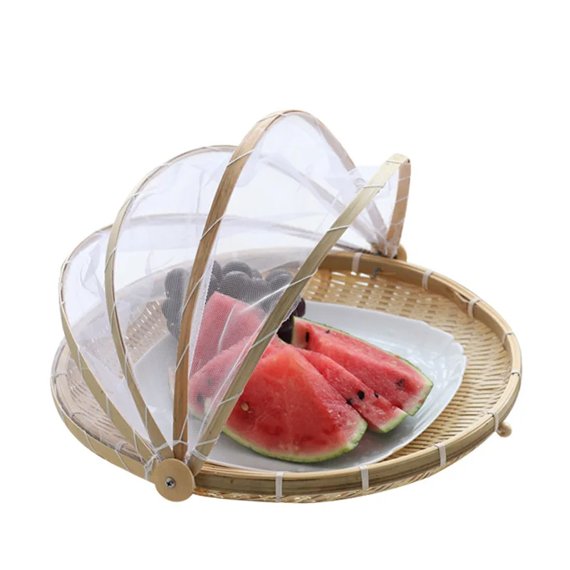 

Food Basket with Anti-mosquito Net Handmade Bamboo Woven Bug Proof Wicker Storage Basket Fruit Tray Food Bread Dishes Cover