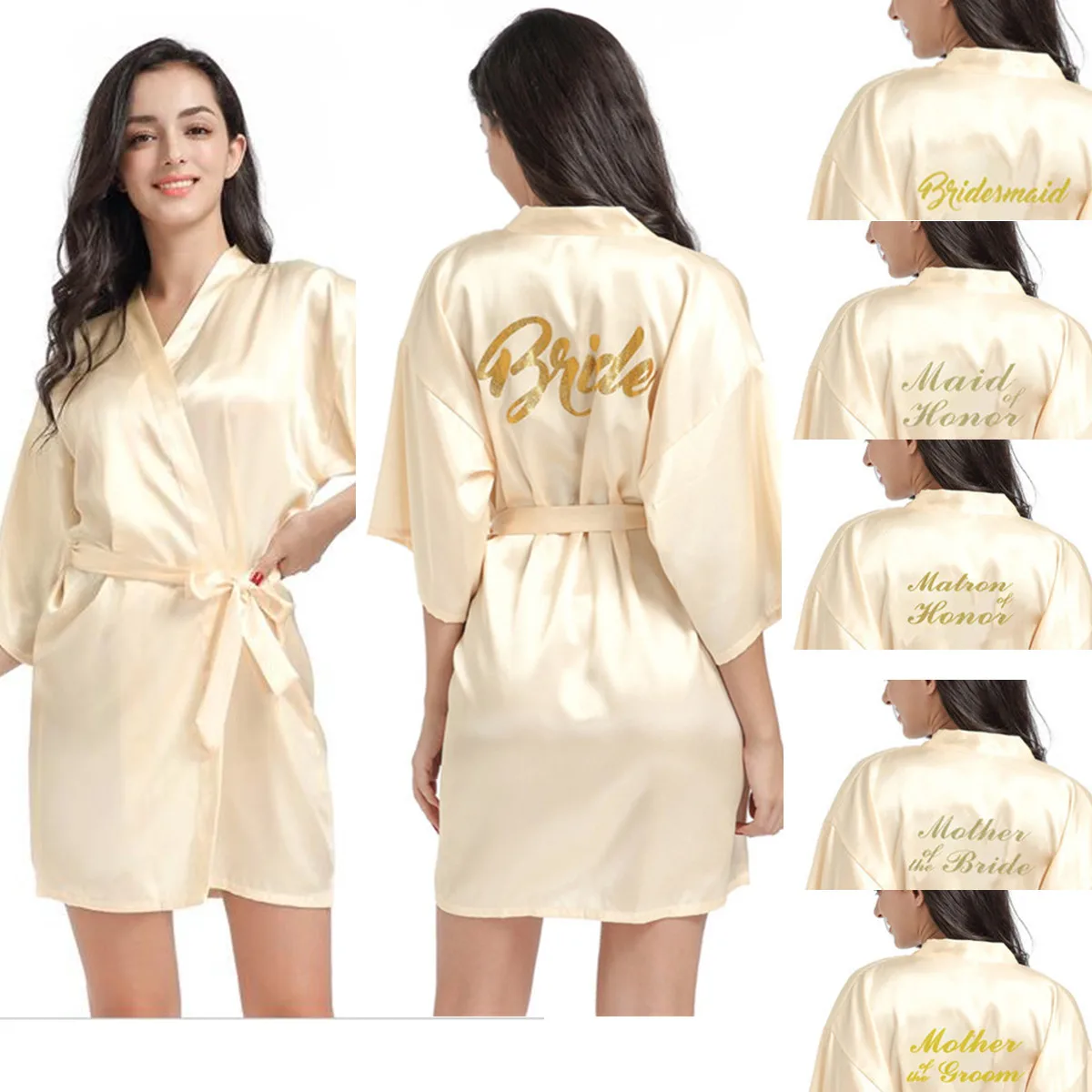 Champagne robe gold writing kimono bridal party robe bridesmaid sister mother of the groom bride robes wedding best gift