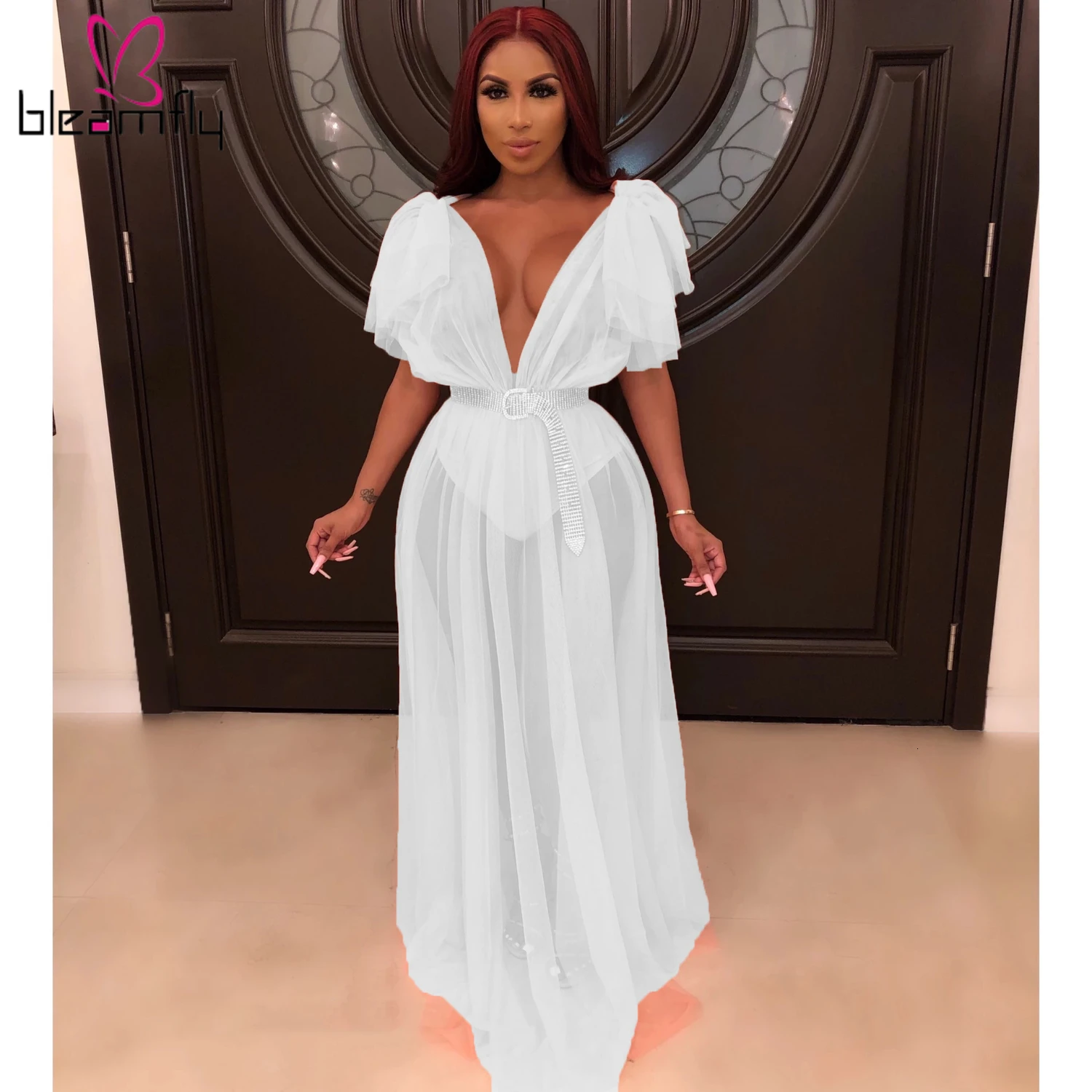 Летнее женское Сетчатое Прозрачное Платье макси с глубоким v-образным вырезом и