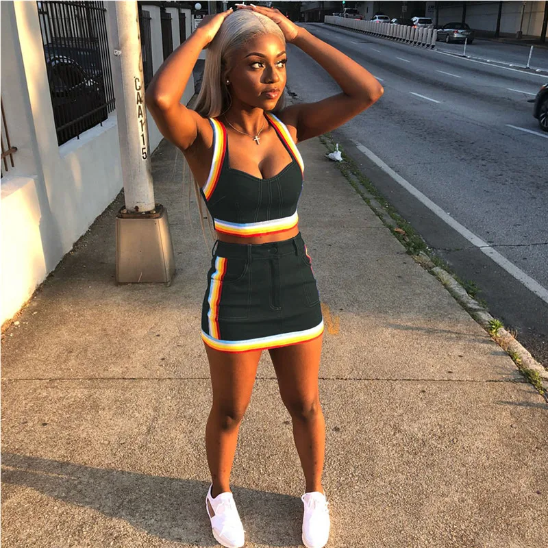 

Hirigin Women Two Pieces Suit Tacksuit Denim Rainbow Striped Tank Bustiers Corsets Crop Tops High Waist Mini Pencil Skirt Dress