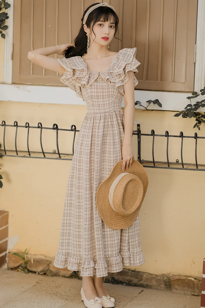 

Make literary and artistic temperament of French court wind super fairy falbala plaid in long dress