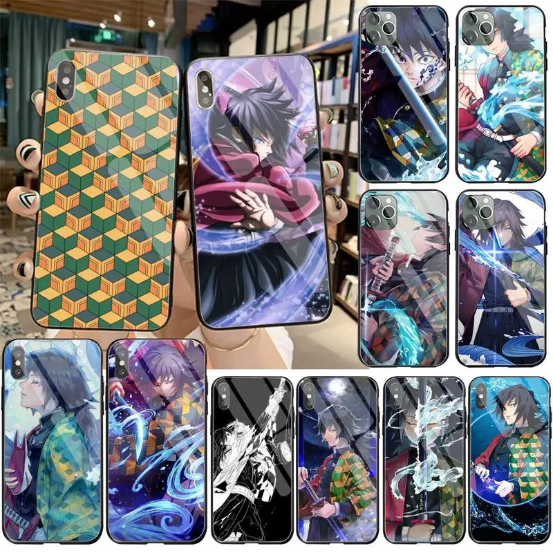 

HPCHCJHM Giyu Tomioka Kimetsu no Yaiba Black Phone Case Tempered Glass For iPhone 11 Pro XR XS MAX 8 X 7 6S 6 Plus SE 2020 case
