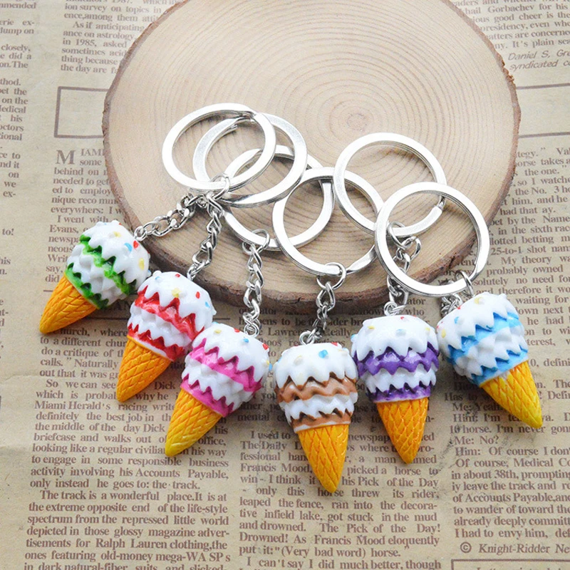 100pcs/lot Mixed Random Colors 3D Ice Cream Keychains Food Key Ring Toys Keyring Foodie Decoration