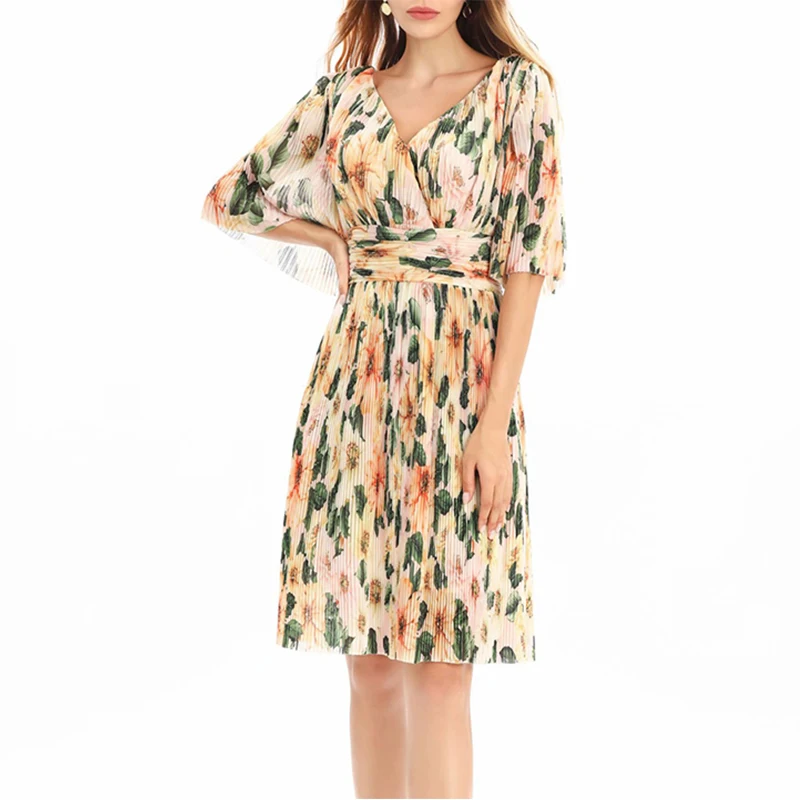 

Женское плиссированное платье, элегантное Сетчатое платье с V-образным вырезом и коротким рукавом, лето 2021