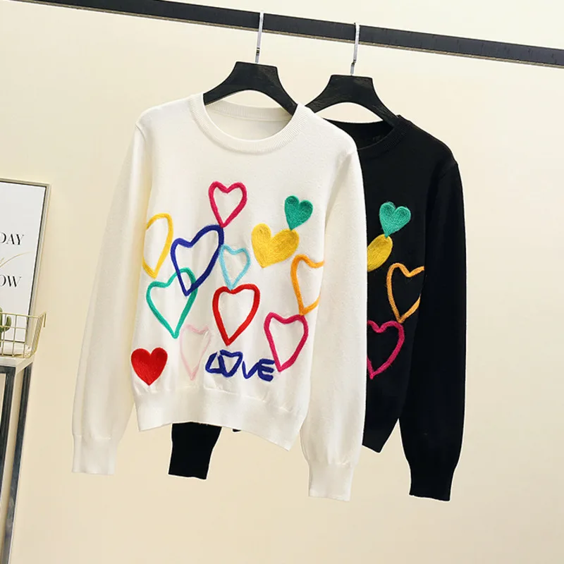 

Autumn Winter Sweet Lovely Sweater Women Colorful Candy Color Heart Embroidery Knitwear Tops Slim All-Match Pullover Pull Femme
