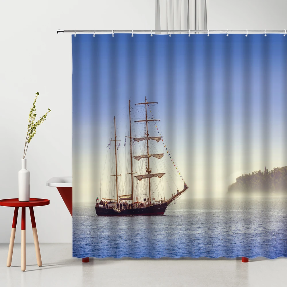 

Sailing Boat Shower Curtain Ocean Scenery Navigation Bathroom Decor Bathtub Screen Washable Fabric Home Bath Hanging Curtains