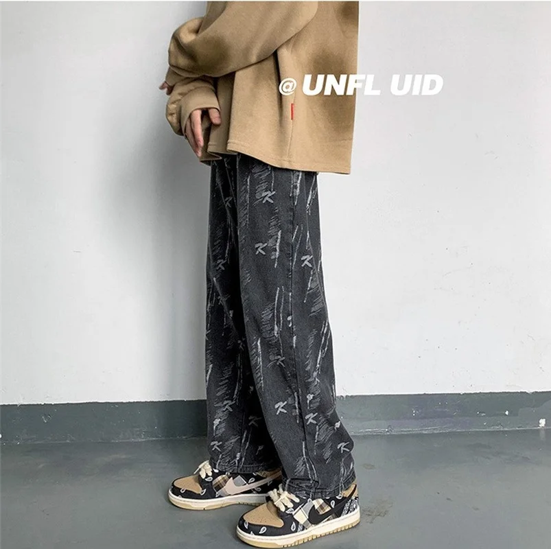 ICCLEK New Jeans Men's Jeans Autumn and Winter Casual Straight Pants Retro High Street Jeans Printed Trousers Oversized Jeans