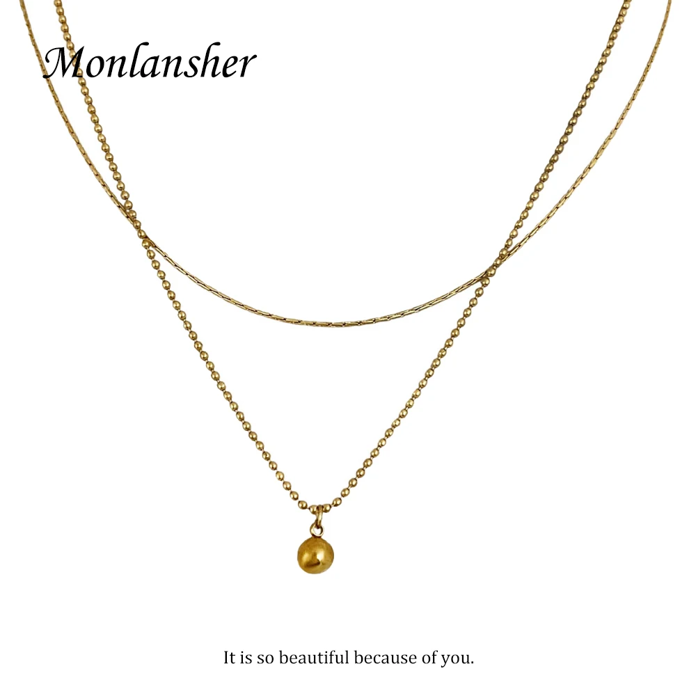 

Monlansher Double Layer Stainless Steel Thin Beads Chain Necklaces For Women Vintage Titanium Steel Small Round Balls Necklace