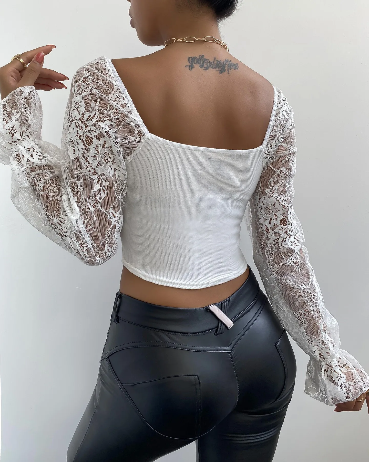 

Women Sexy White Sheer Mesh Lace Plain Blouse Short Tops Blouse