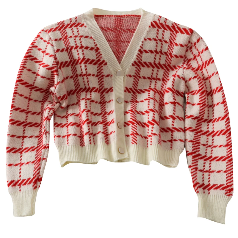 

Casual Plaid Knitted Single Breasted Sweater for Women Autumn Winter V-Neck Long Sleeve Cardigan Korean Crop Tops Streetwear
