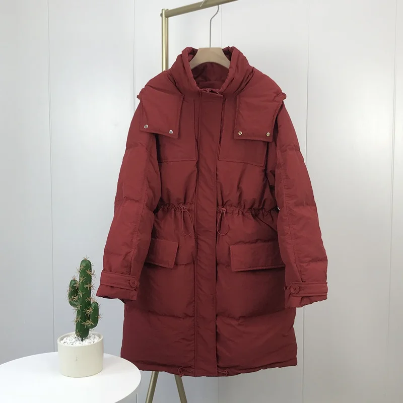 2021 New Winter New Hooded Thick Oversize Waist White Duck Down Coat Women Mediumn Long Solid Color Fashion Big Pocket Jacket