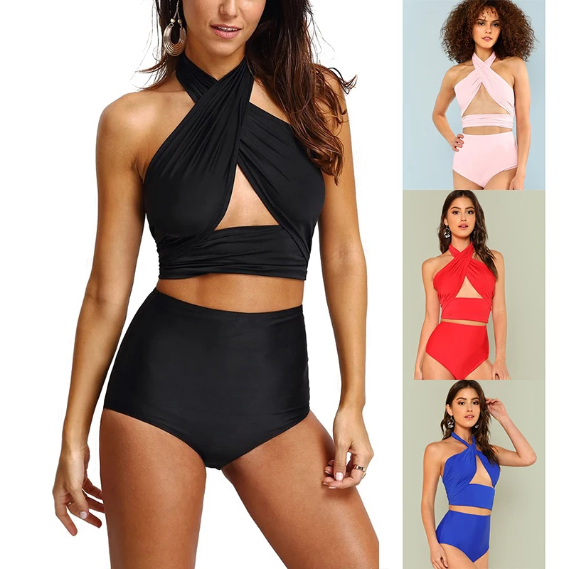 Женский купальник-бикини с пуш-ап черный купальник завязками на шее бразильский