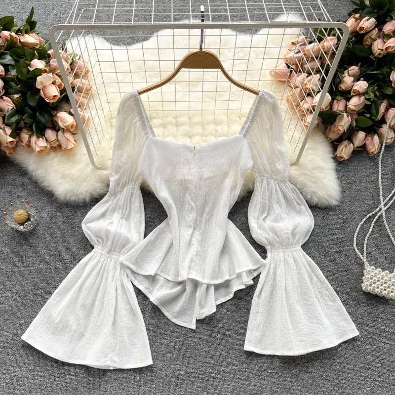 

CINESSD Women's Spring Autumn Design Solid Blouse Fold Low Collar Slim Pleated Sexy Dew Clavicle Open Fork Jacket Tops